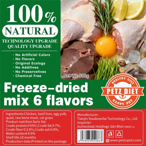 PETZ DIET 100% NATURAL PURE PREMIUM Freeze Dried Mix 6 Flavors 500G  (Cats & Dogs)