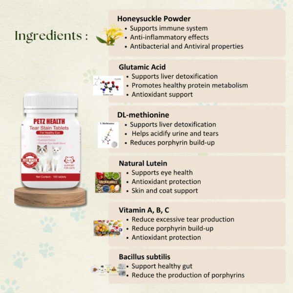 PETZ HEALTH Tear Stain Removal Tablets 100 Tablets (Cat Only) 100% NATURAL & Full Cert