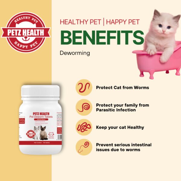 PETZ HEALTH Pet Deworm Tablets 100 Tablets ( Cats) 100% NATURAL & Full Cert