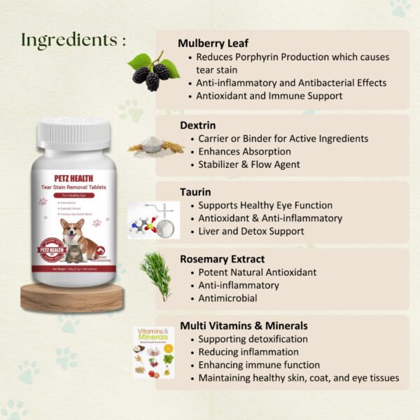 PETZ HEALTH Tear Stain Removal 200 Tablets(DOGS & CATS)100% NATURAL & Full Cert