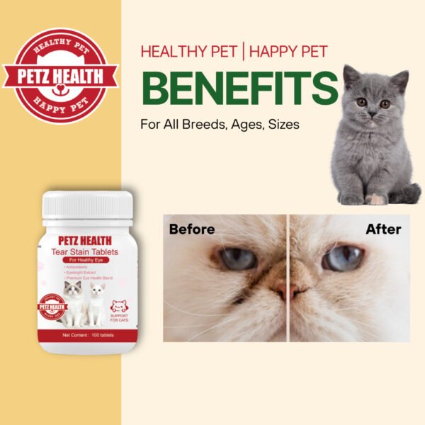 PETZ HEALTH Tear Stain Removal Tablets 100 Tablets (Cat Only) 100% NATURAL & Full Cert